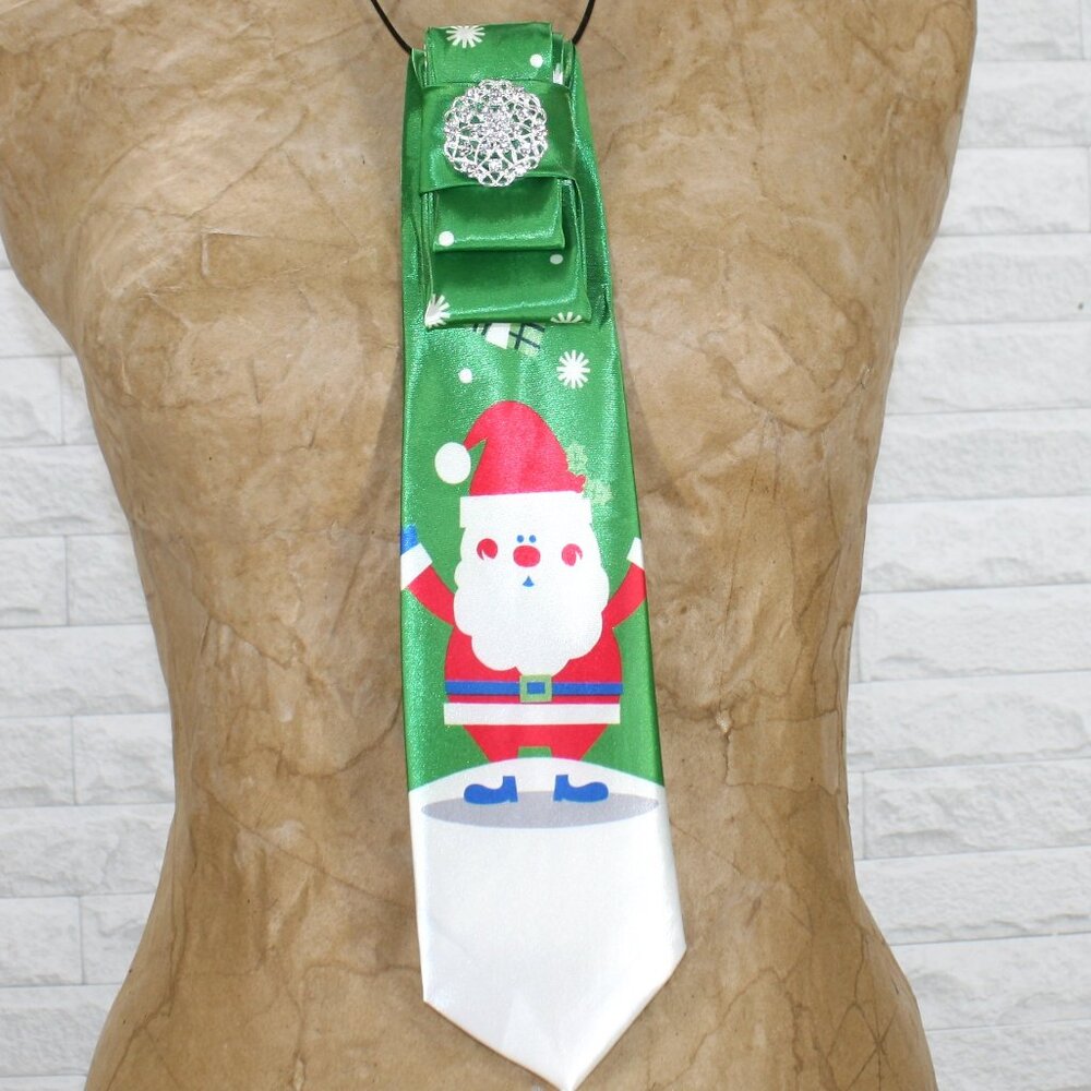 UPCYCLED Neck Tie Necklace Brooch Christmas Santa Holiday Accessory Red Green
